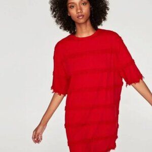 ZARA RED FRINGE TUNIC DRESS IN SIZE MEDIUM